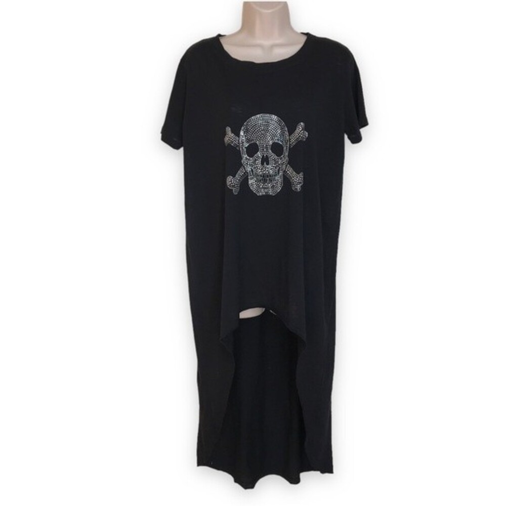 Ciel Studded Skull High Low Black Slub Knit Short Sleeve T Shirt Women Large